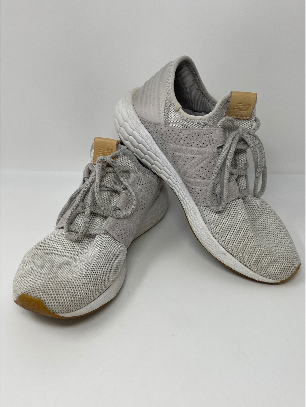New Balance Fresh Foam Cruz Grey Tan Leather Tag Running Shoes Sneakers Womens